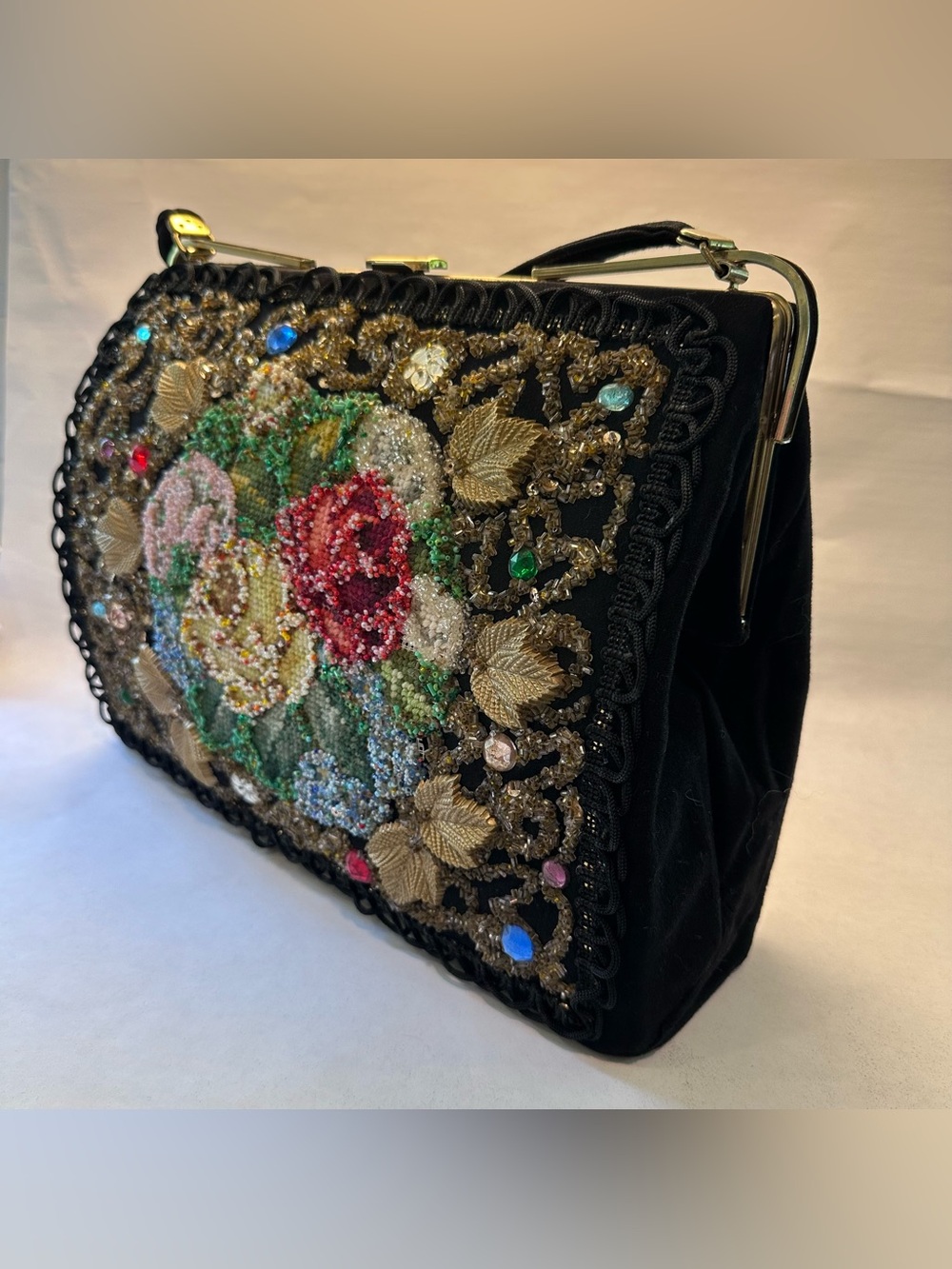 Caron Of Houston MCM Black Beaded Needlepoint Box Bag Jeweled 1950s Prop Vintage